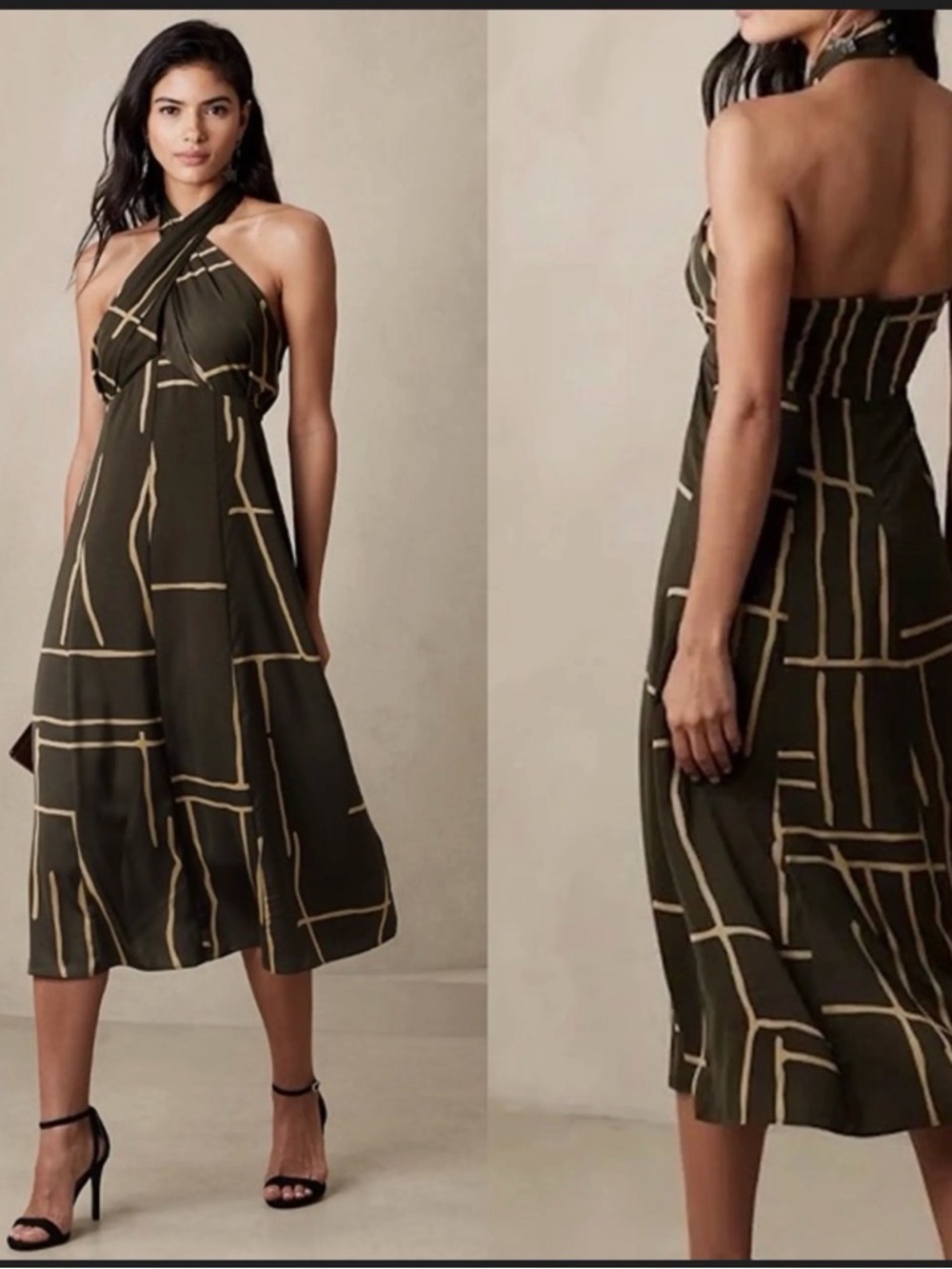 Banana Republic Brown Halter Midi Dress with Geometric Print Size 6